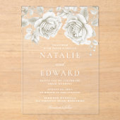 Invitations En Acrylique Mariage vintage de Roses blanches (Recto)