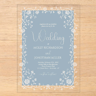 Invitations En Acrylique Mariage Vintage Dusty Blue Rose Vine