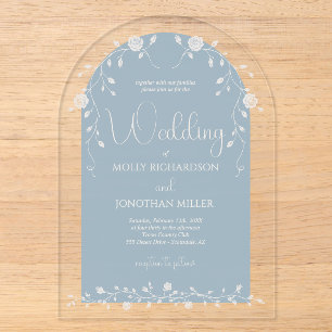 Invitations En Acrylique Mariage Vintage Dusty Blue Rose Vine