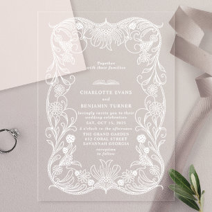 Invitations En Acrylique Mariage Vintage Floral Orné Blanc