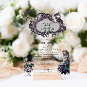 Invitations En Acrylique Mariage Vintage Gris Foncé Alice au Pays des Merve