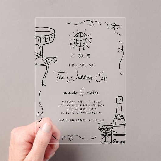 Invitations En Acrylique Mariage Whimsical Français Fun Monogramme main tir (In situ (ordinateur de poche))
