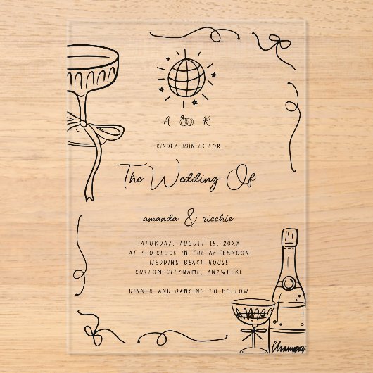 Invitations En Acrylique Mariage Whimsical Français Fun Monogramme main tir (Recto)
