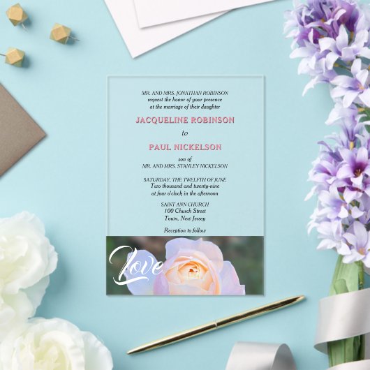 Invitations En Acrylique Mariée et chambre Pastel Rose Rose Love Clear (Insitu (Mariage))