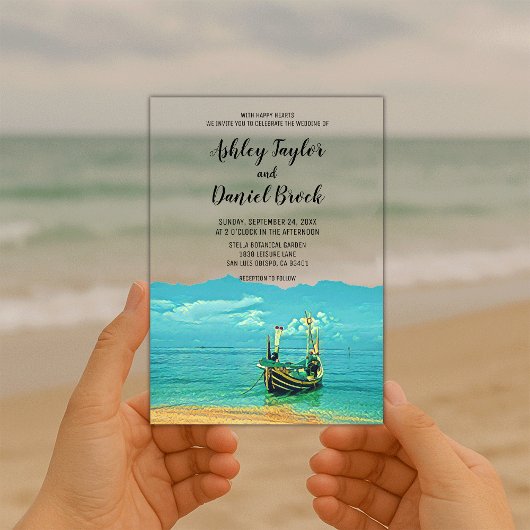 Invitations En Acrylique Marine Bateau Bleu Côte Destination Mariage