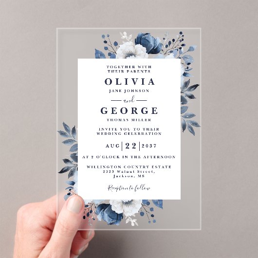 Invitations En Acrylique Marine Bleu Et Blanc Élégant Mariage Floral Modern (In situ (ordinateur de poche))