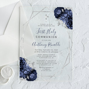 Invitations En Acrylique Marine Bleu Floral Argent Cadre Première Sainte Co
