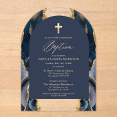 Invitations En Acrylique Marine Bleu Or Agate Baptême Moderne Élégant (Recto)