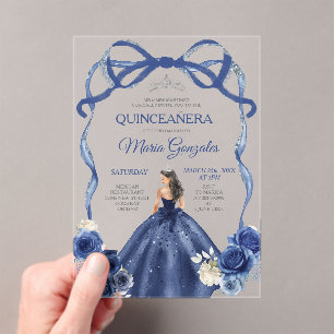 Invitations En Acrylique Marine Blue Bow Princesse Silver Crown Quinceañera