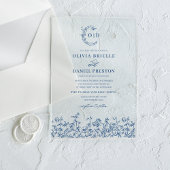 Invitations En Acrylique Marine Blue Floral Crest Monogramme Mariage Élégan