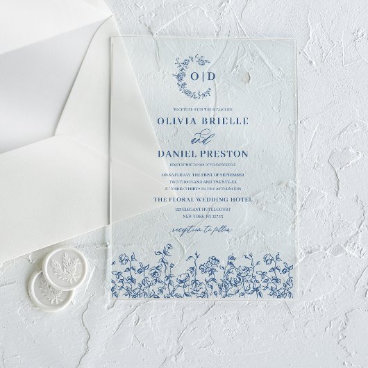 Invitations En Acrylique Marine Blue Floral Crest Monogramme Mariage Élégan