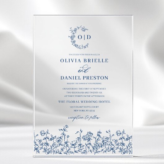 Invitations En Acrylique Marine Blue Floral Crest Monogramme Mariage Élégan