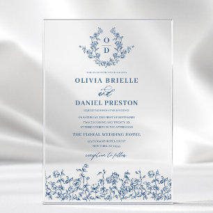 Invitations En Acrylique Marine Blue Floral Crest Monogramme Mariage Élégan