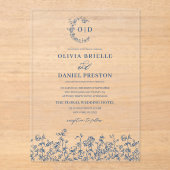 Invitations En Acrylique Marine Blue Floral Crest Monogramme Mariage Élégan (Recto)