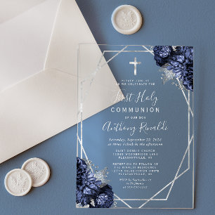 Invitations En Acrylique Marine Blue Floral Silver Geo Première Sainte Comm
