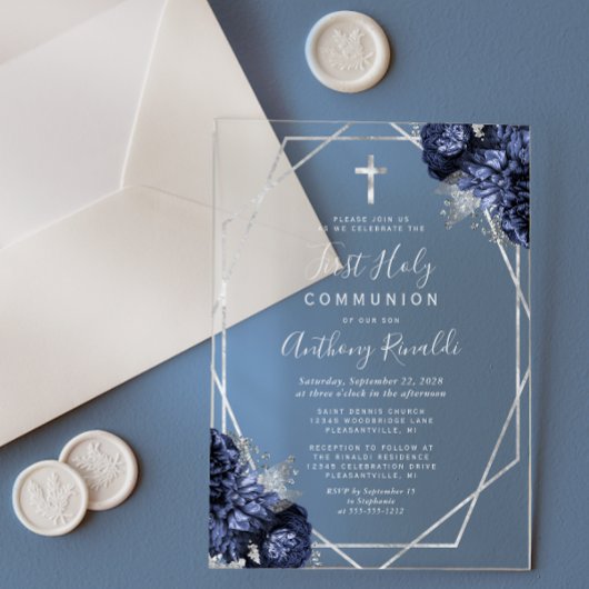 Invitations En Acrylique Marine Blue Floral Silver Geo Première Sainte Comm