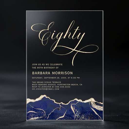 Invitations En Acrylique Marine Blue Gold Agate 80e Soixante-dix fête d'ann
