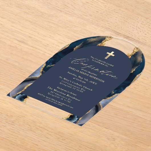 Invitations En Acrylique Marine Blue Gold Agate Confirmation Moderne (Poser)