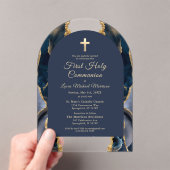 Invitations En Acrylique Marine Blue Gold Agate Première communion sainte (In situ (ordinateur de poche))