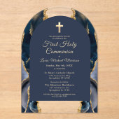 Invitations En Acrylique Marine Blue Gold Agate Première communion sainte (Recto)