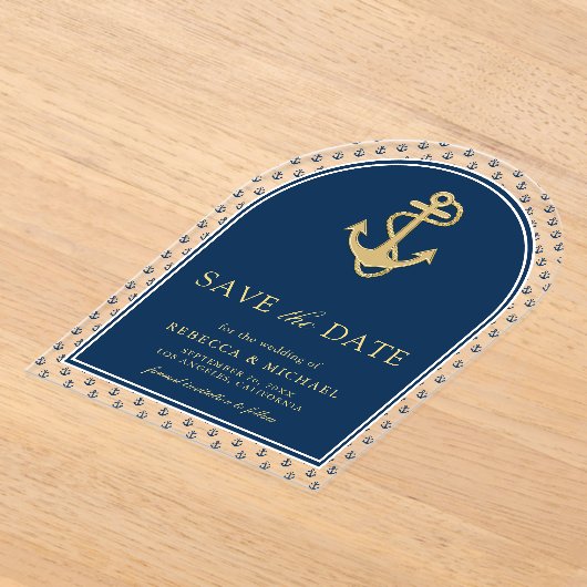 Invitations En Acrylique Marine Blue Gold Ancre mariage Enregistrer la date (Poser)