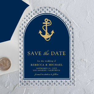 Invitations En Acrylique Marine Blue Gold Ancre mariage Enregistrer la date