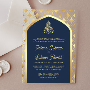 Invitations En Acrylique Marine Blue Gold Diamonds Arch Mariage musulman