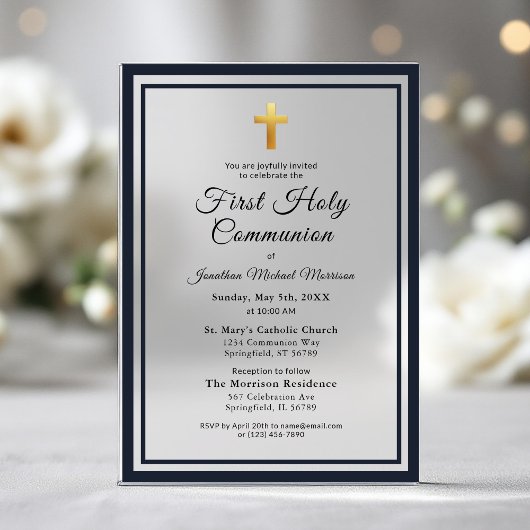 Invitations En Acrylique Marine Blue Gold Première communion sacrée Garçon