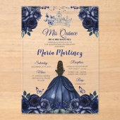 Invitations En Acrylique Marine Blue Princess Floral Silver Crown Mis Quinc (Recto)