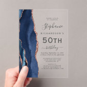 Invitations En Acrylique Marine Blue Rose Gold Agate 50e fête d'anniversair (In situ (ordinateur de poche))