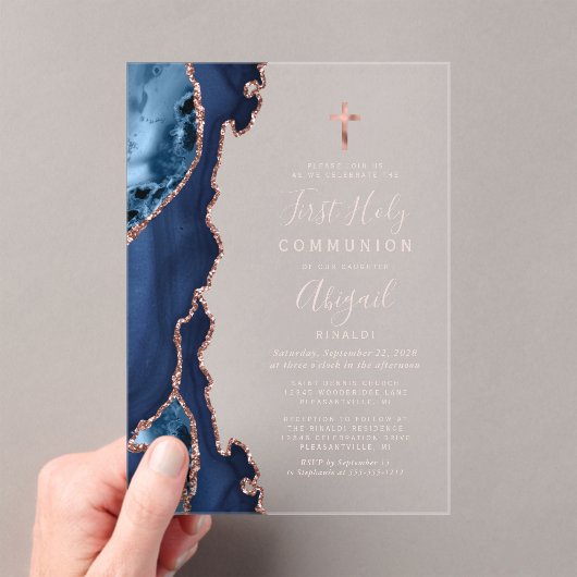 Invitations En Acrylique Marine Blue Rose Gold Agate Première Sainte Commun (In situ (ordinateur de poche))