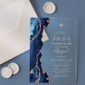 Invitations En Acrylique Marine Blue Rose Gold Agate Première Sainte Commun