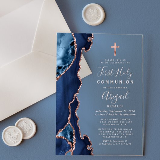 Invitations En Acrylique Marine Blue Rose Gold Agate Première Sainte Commun