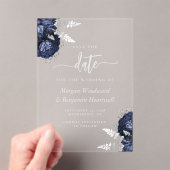Invitations En Acrylique Marine Blue Silver Floral Wedding Enregistrer la d (In situ (ordinateur de poche))