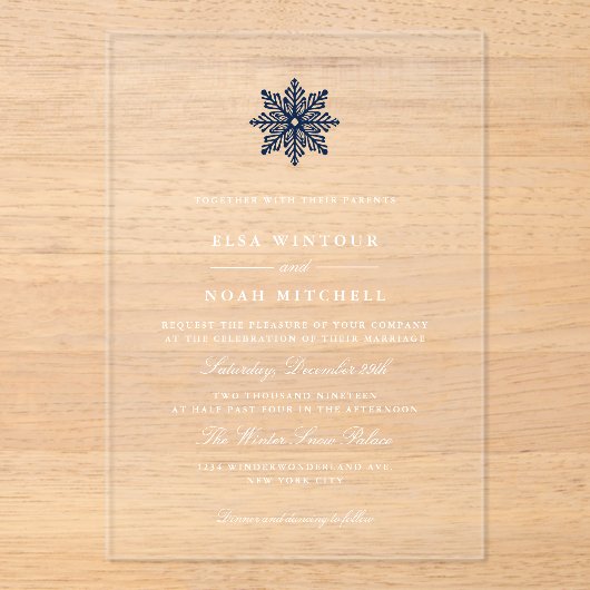 Invitations En Acrylique Marine Blue Snowflake Mariage hivernal transparent (Recto)