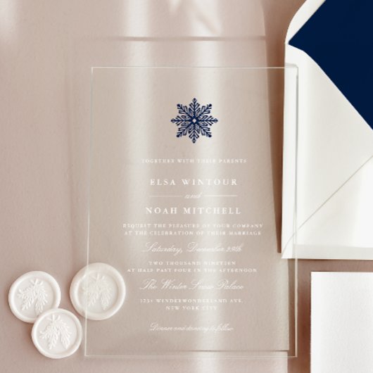 Invitations En Acrylique Marine Blue Snowflake Mariage hivernal transparent