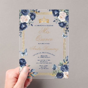 Invitations En Acrylique Marine mexicaine Blue Floral & Gold Crown Mis Quin