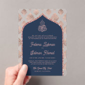 Invitations En Acrylique Marine Rose bleu or Damask Arch Mariage musulman (In situ (ordinateur de poche))