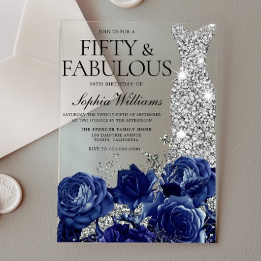 Invitations En Acrylique Marine Roses Diamond Gown 50e Anniversaire