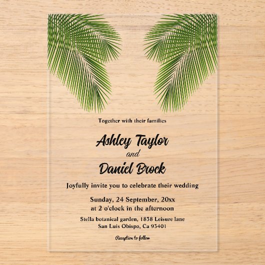 Invitations En Acrylique Marine Tropical Palm Leaf Beach Destination Mariag (Recto)