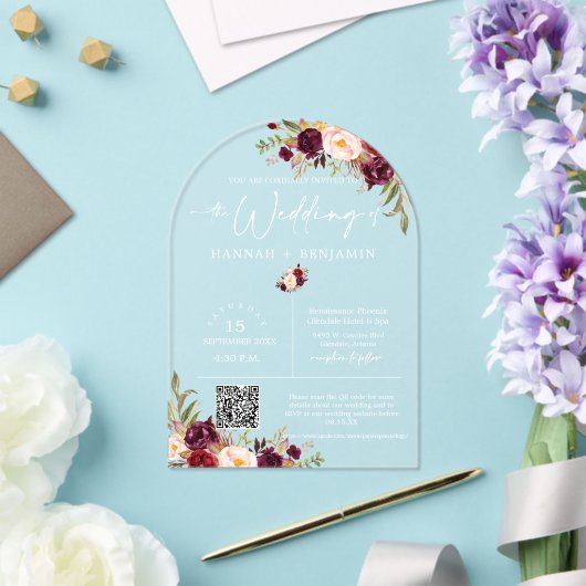 Invitations En Acrylique Marsala Boho Arché Mariage moderne minimal QR Code (Insitu (Mariage))