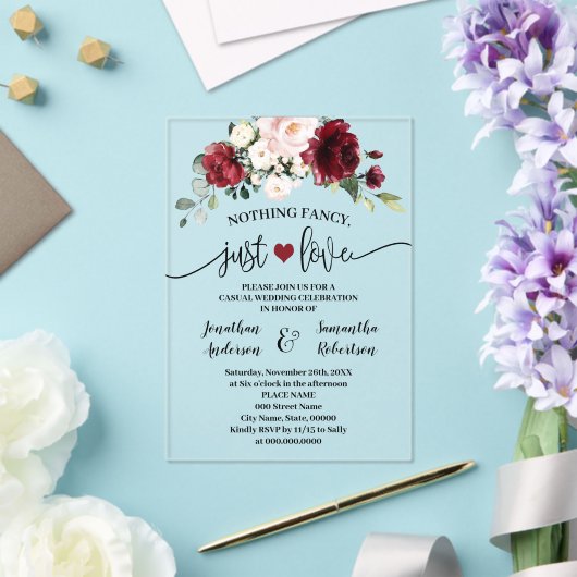 Invitations En Acrylique Marsala Flowers Nothing Fancy Just Love Elopement (Insitu (Mariage))