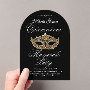 Invitations En Acrylique Mascarade d'anniversaire de Quinceanera noire or