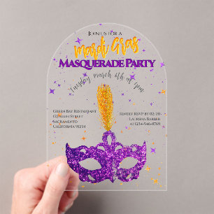 Invitations En Acrylique Masque Paillettes Violettes et Orange Soirée Mardi