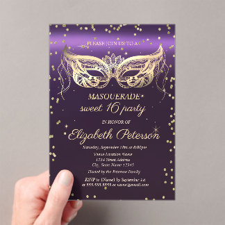 Invitations En Acrylique Masquerade Gold Diamonds Purple Sweet 16 