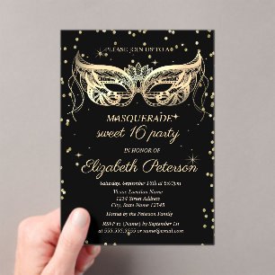 Invitations En Acrylique Masquerade Or Diamants Noir Sweet 16