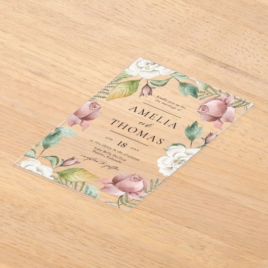 Invitations En Acrylique Mauve Pink and White Roses Floral Wreath Wedding (Poser)