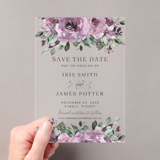 Invitations En Acrylique Mauve Plum Purple Mariage Floral Enregistrer la da (In situ (ordinateur de poche))
