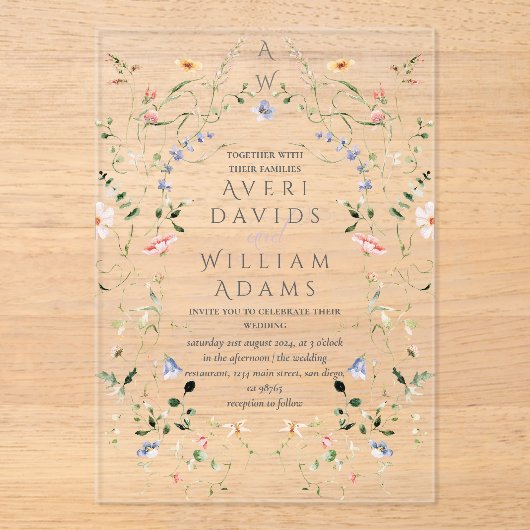 Invitations En Acrylique Meadow Fleur sauvage Rustic Boho Mariage (Recto)