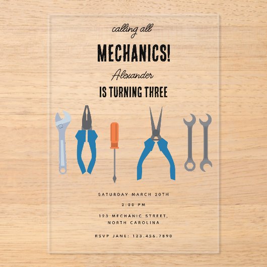 Invitations En Acrylique Mécanique automobile Outils de l'automobile Garçon (Recto)